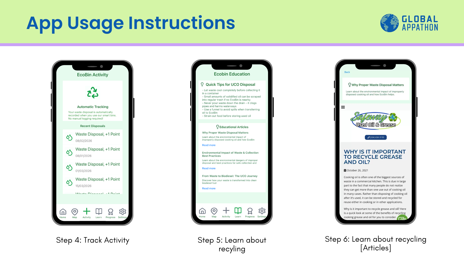 EcoBin app walkthrough steps 4 to 6: track your recycling activity and learn about recycling