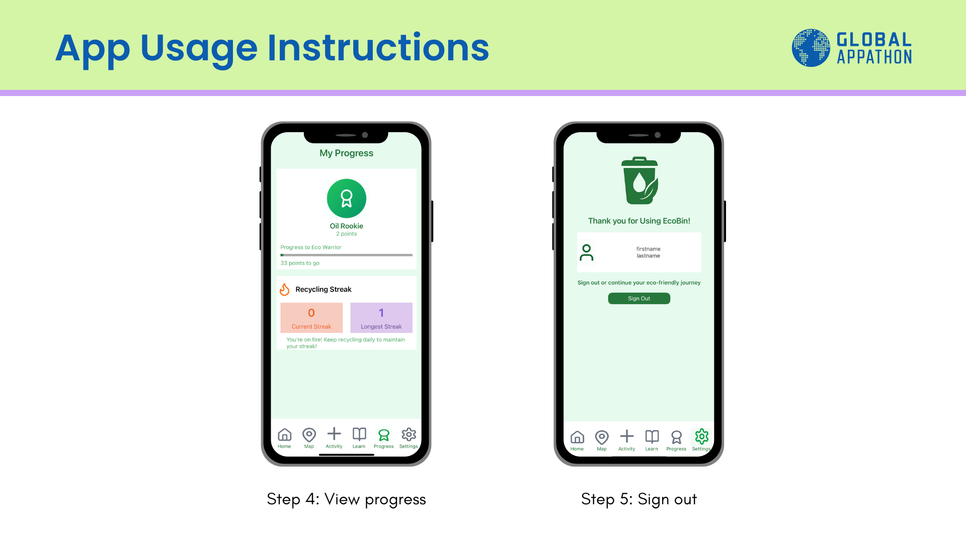 EcoBin app walkthrough: view your progress and sign out